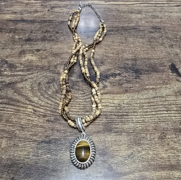 3/$15 silvertone boho necklace with wood beads - Picture 1 of 6